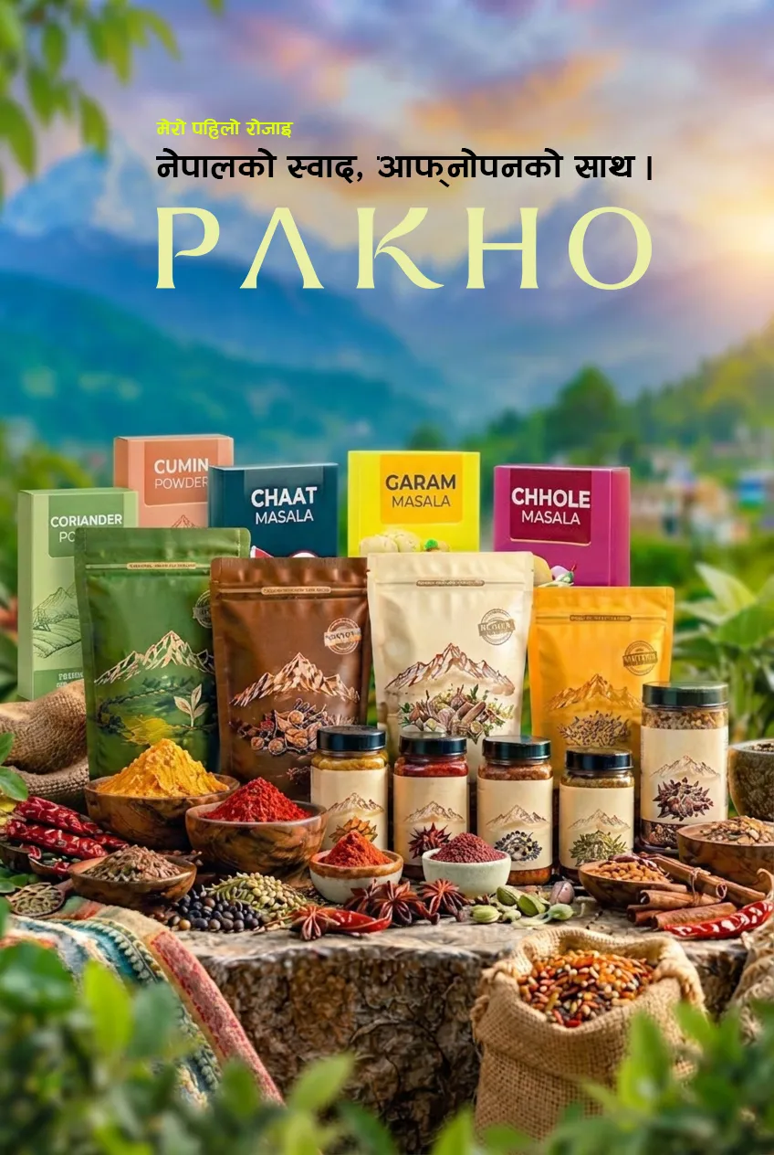PAKHO spice packs and bowls of spices against Himalayan peaks
