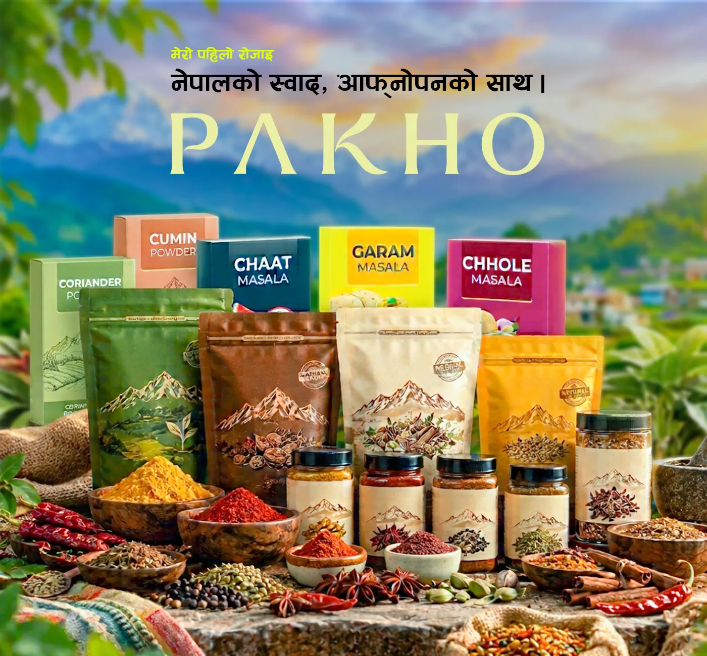 PAKHO spice packs and bowls of spices against Himalayan peaks