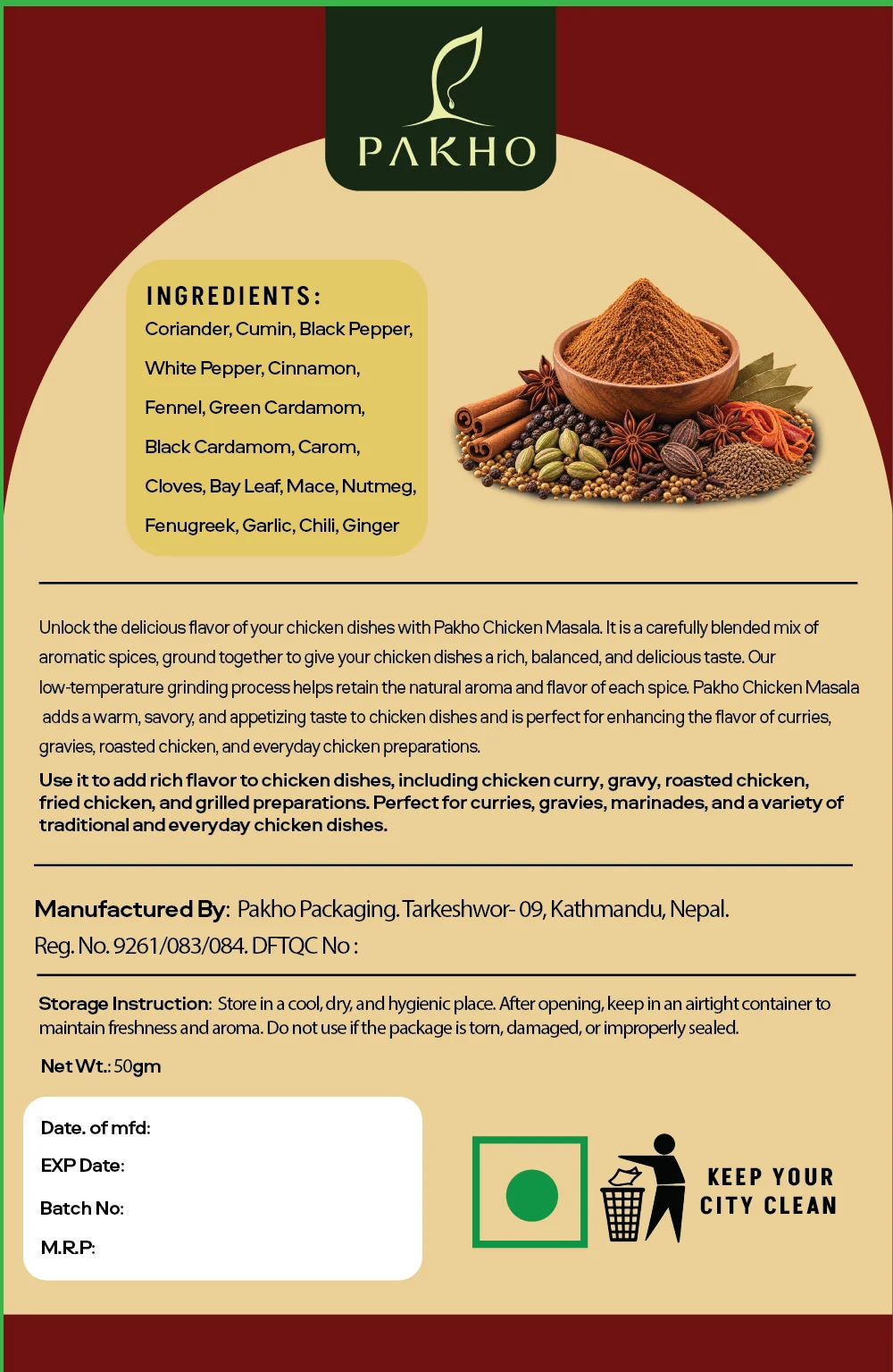 Back of the PAKHO Chicken Masala pack with ingredients and storage instructions