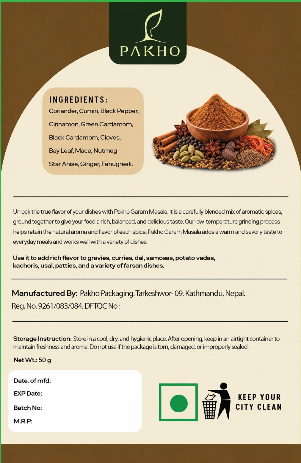 Back of the PAKHO Garam Masala pack with ingredients and storage instructions