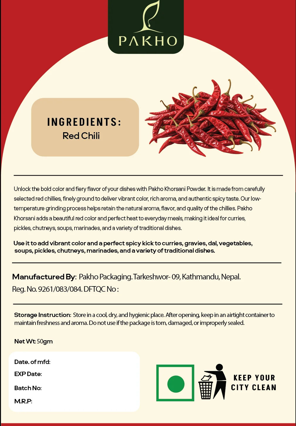 Back of the PAKHO Khorsani Powder pack with ingredients and storage instructions