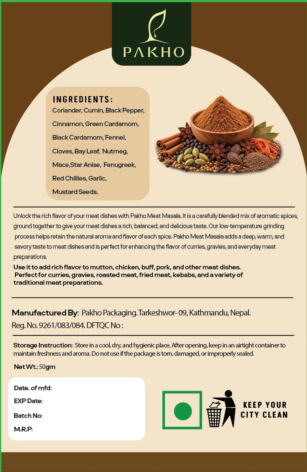 Back of the PAKHO Meat Masala pack with ingredients and storage instructions