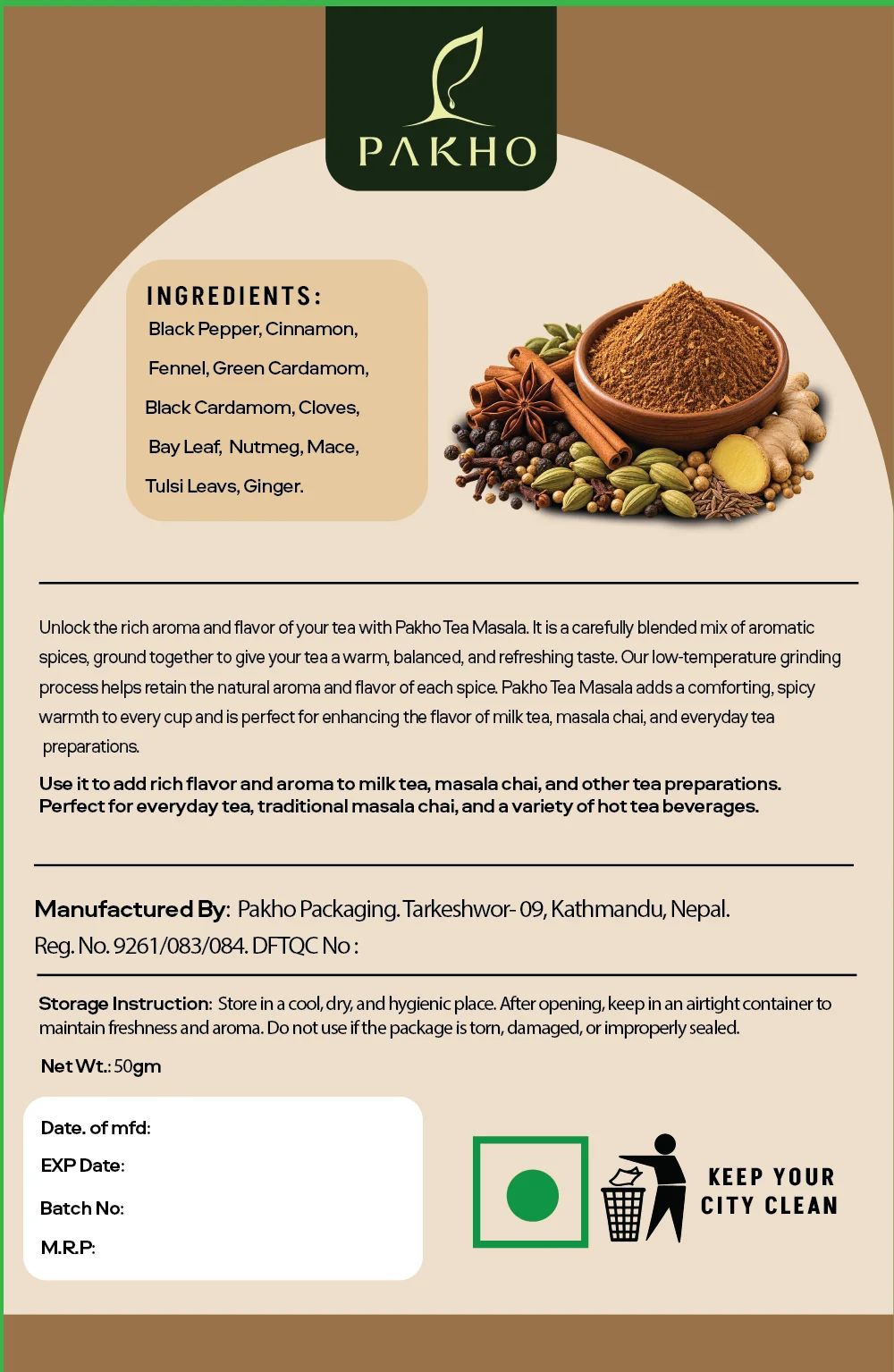 Back of the PAKHO Tea Masala pack with ingredients and storage instructions