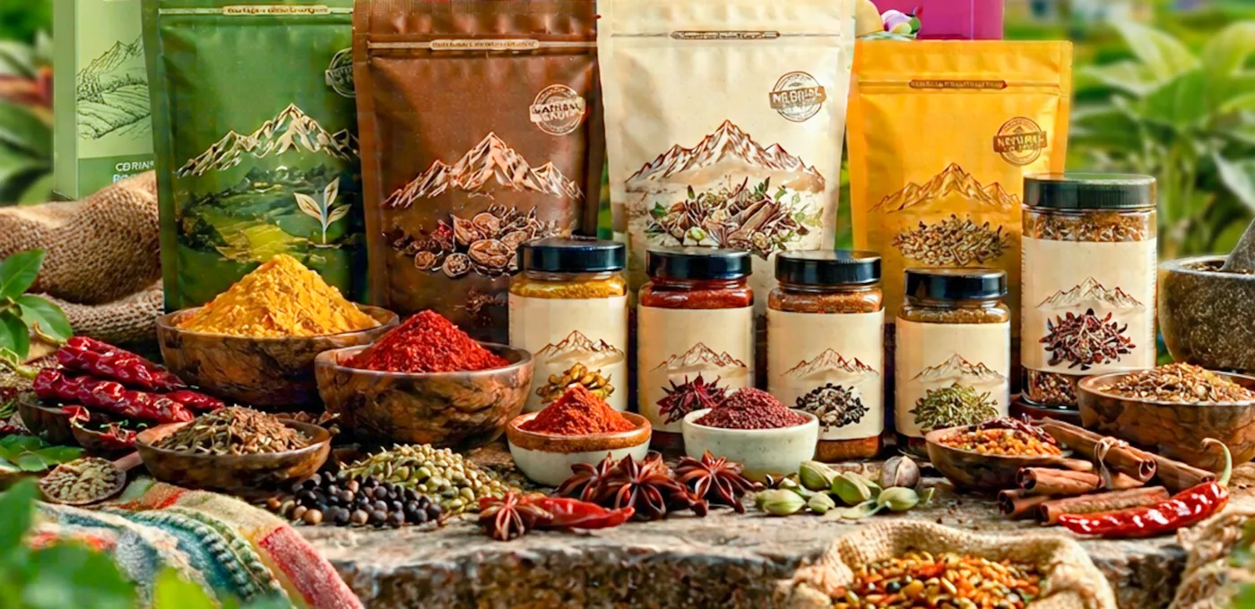 PAKHO masala packs with bowls of ground spices