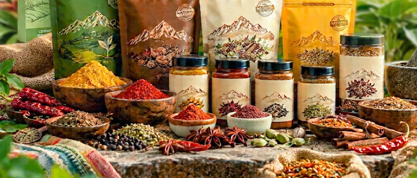 Bowls of PAKHO spices and masala packs on a stone table